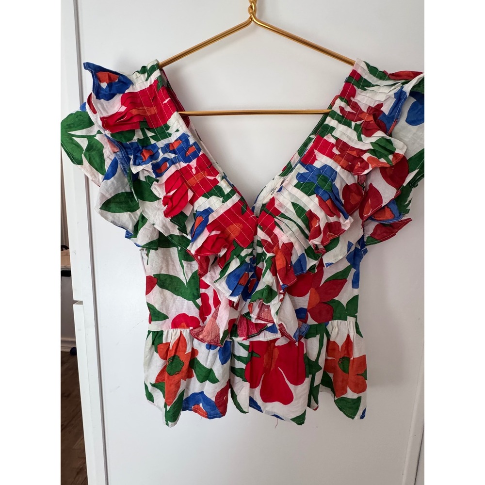 Entro‎ Floral Ruffle Peplum Top V-Neck Multi Color Boho Blouse Small
